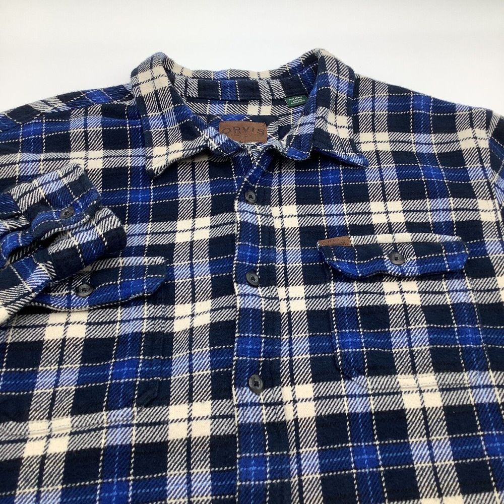 Orvis‎ Mens Long Sleeve Button Up Heavy Flannel Shirt Jacket Blue Plaid Size XXL